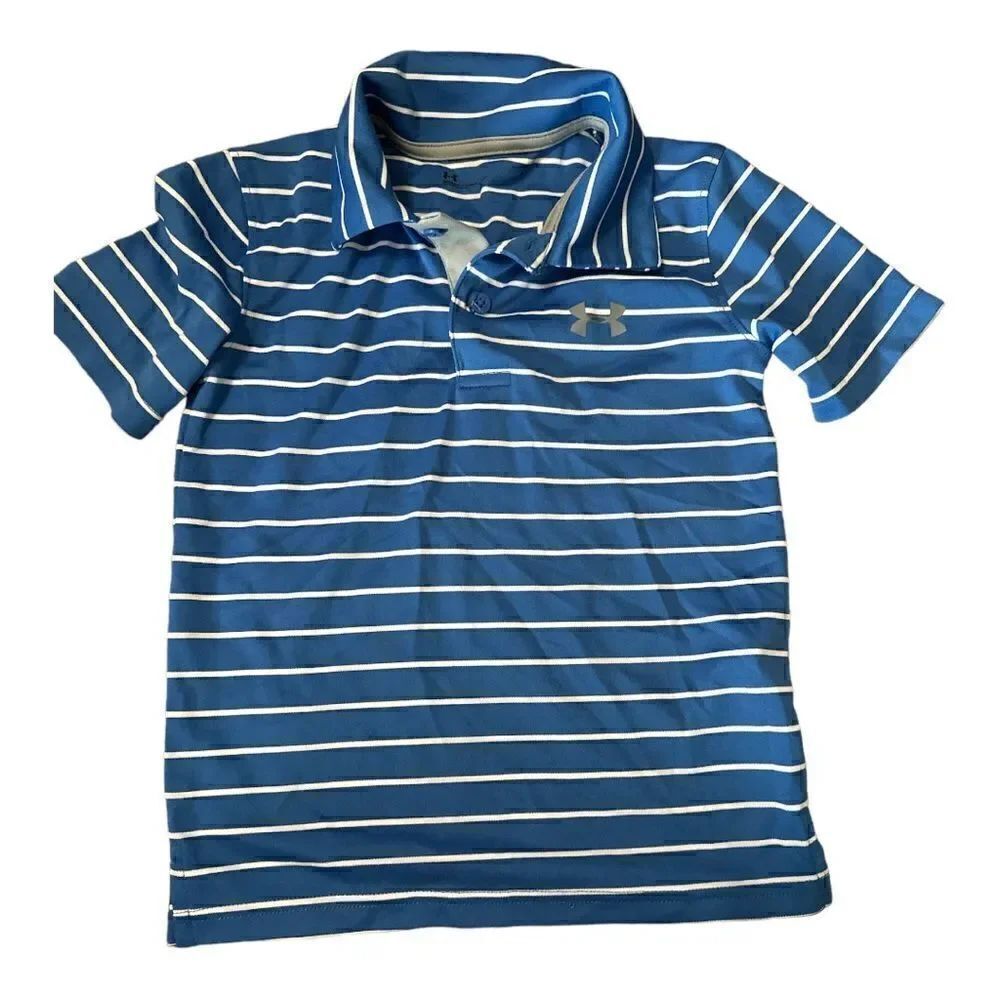 Under Armour | Boys Blue  Stripe Button Pullover Polo Short Sleeve Shirt | 6